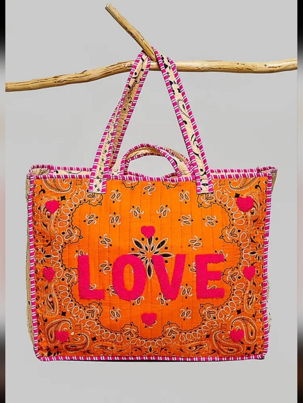 POL LOVE Bandana Quilted Tote Bag Textured Print In Orange/Pink Large NWT $98 - Picture 10 of 15